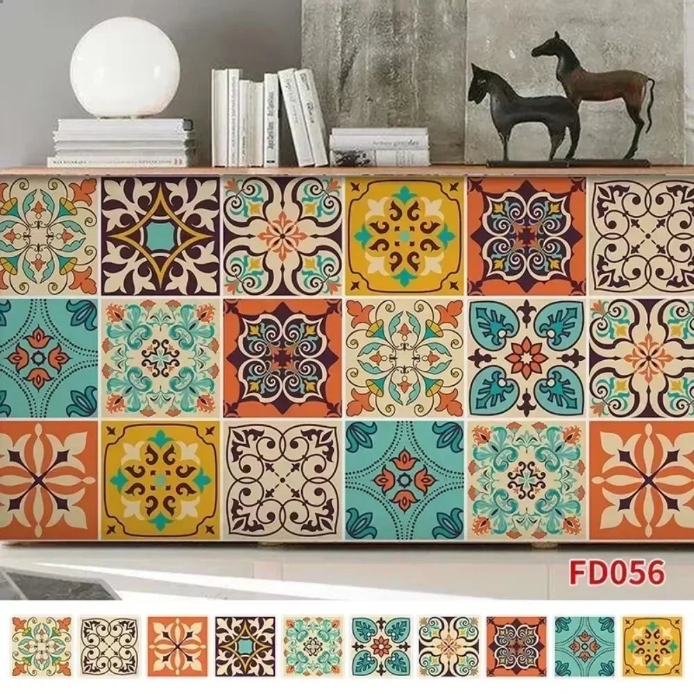 autocollants muraux vintage ethnique motifs floraux géométriques bleu vert orange marron noir blanc