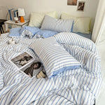 ensemble literie bleu clair rayures horizontales moderne couvre lit taies d'oreiller coton polyester frais