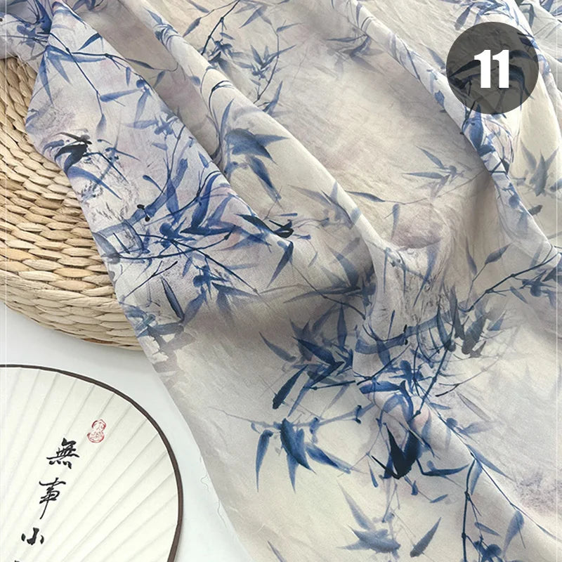 tissu imprimé chinois personnages traditionnels bambous fleurs beige vert bleu rose