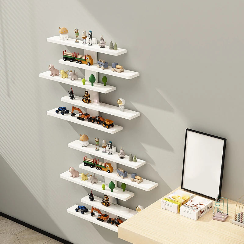 présentoir mural blanc réglable étagères horizontales figurines animaux personnages véhicules miniatures spatiale décoration maison