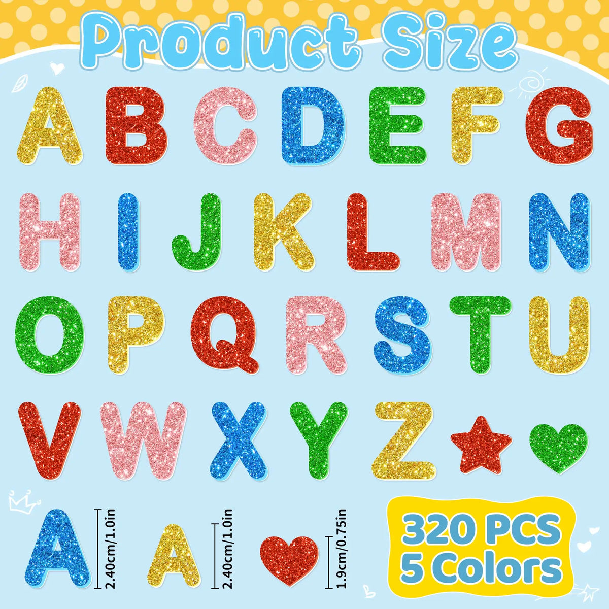 sticker autocollant alphabet lettre étoile glitter brillant rouge vert bleu doré cœur enfants craft