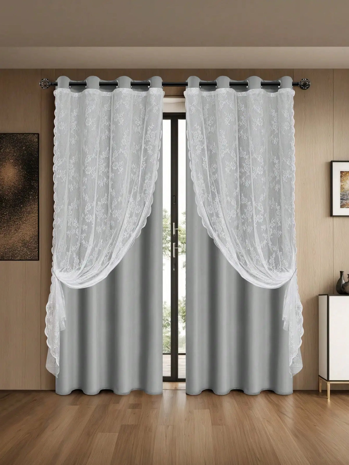 rideau brodé classique polyester translucide blanc gris 100x130cm anneaux