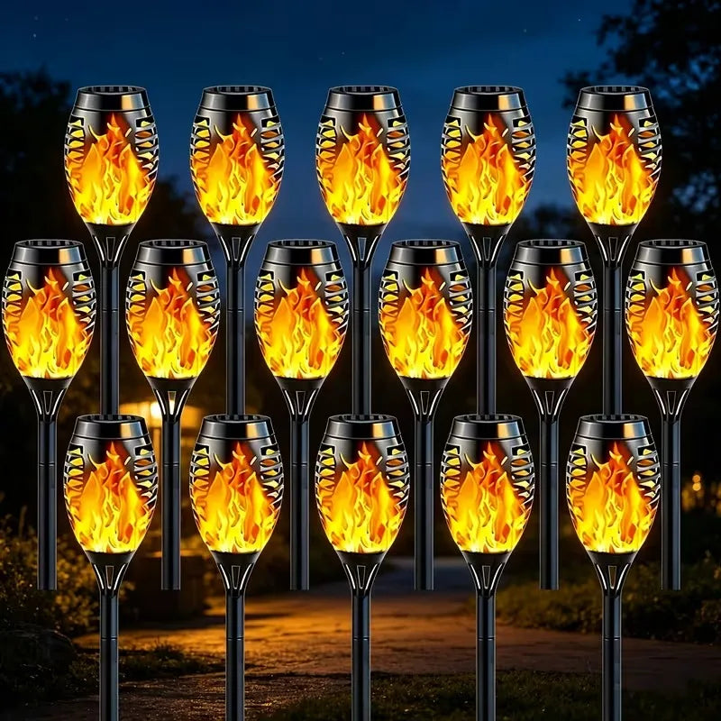 lanterne solaire 12 led flamme noire moderne décoration extérieure jardin patio fixée piquet motifs