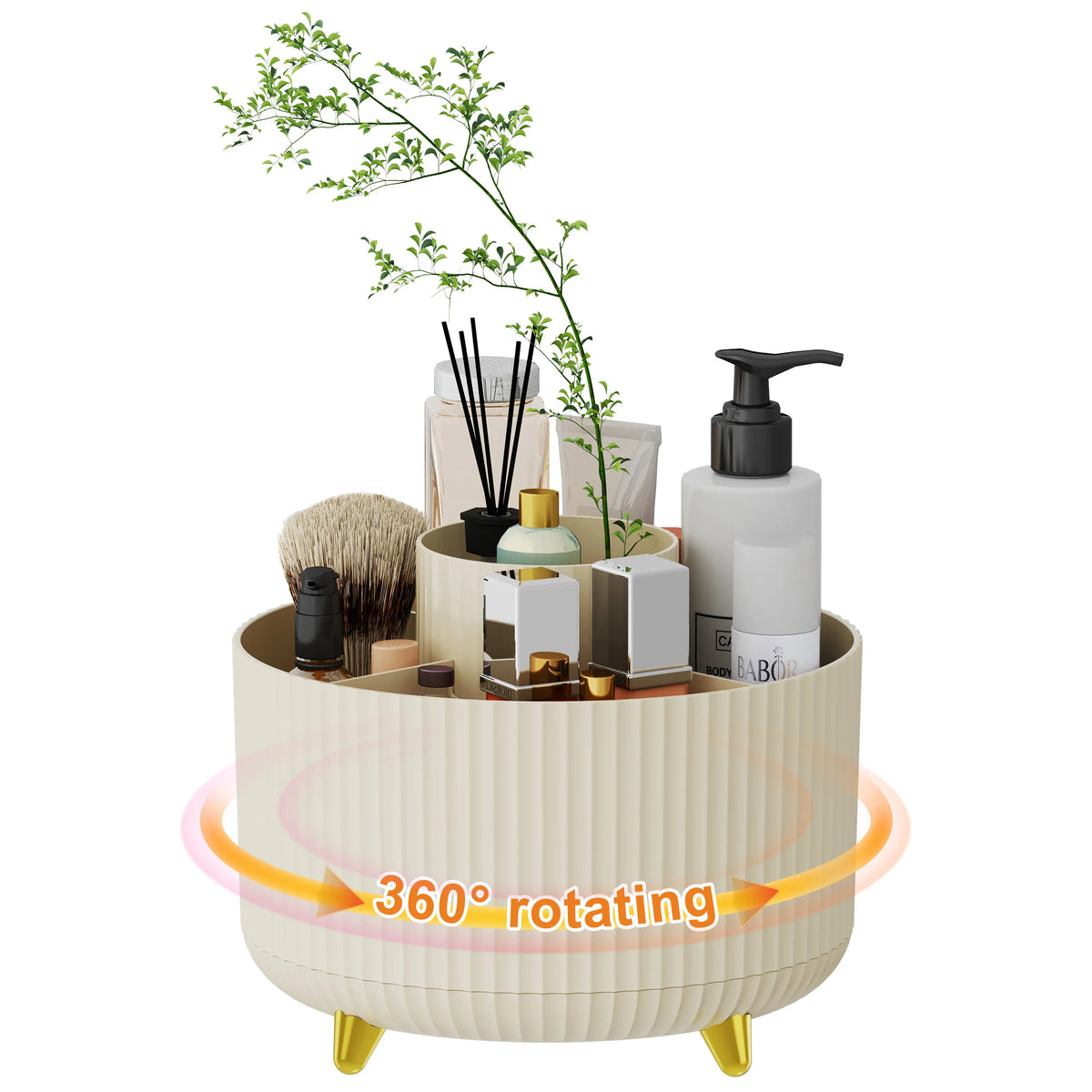 organisateur maquillage rotatif brosse flacons moderne rayures beige rose noir minimaliste