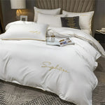 Parure de lit haut de gamme brodée luxe - housse couette et drap plat