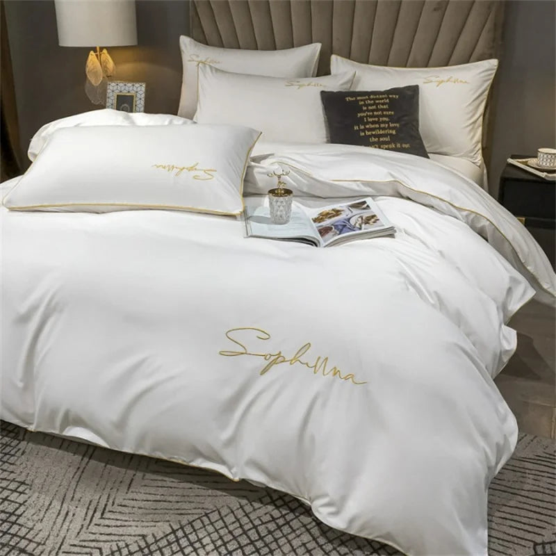 Parure de lit haut de gamme brodée luxe - housse couette et drap plat