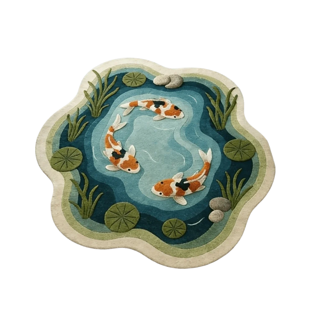 tapis poissons lotus salon rose vert artisanal réaliste poissons feuilles fleurs