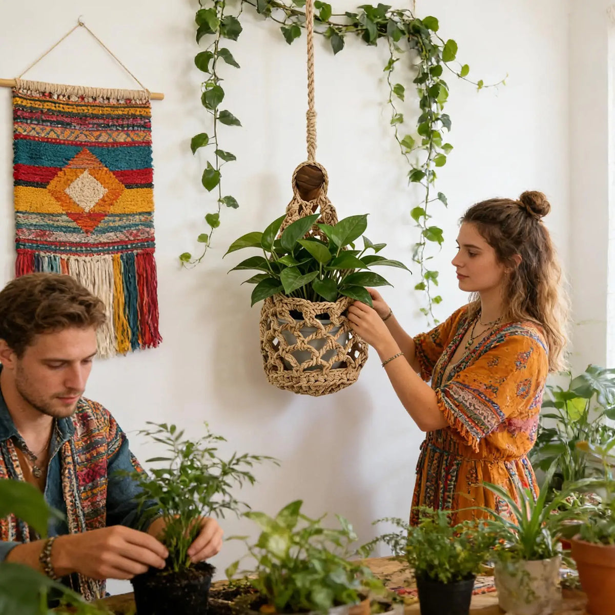 panier suspendu boho panier crocheté motifs géométriques plante intérieur décoration chambre salon