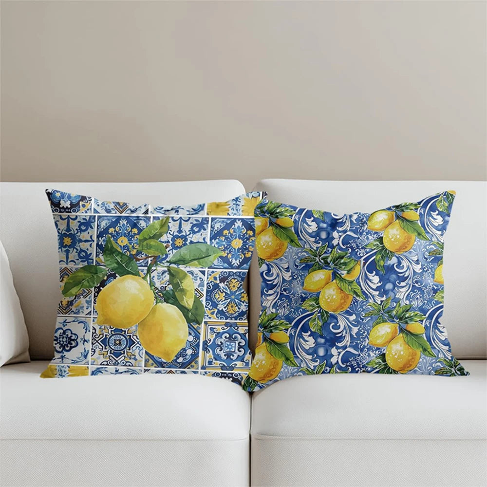 coussin décoratif carré motif citronnier bleu jaune vert moderne canapé salon intérieur extérieur