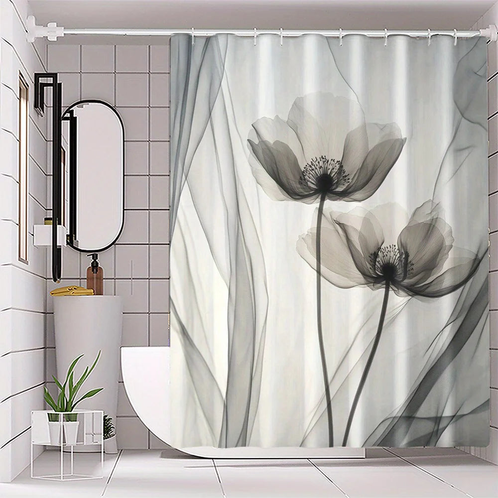 rideau douche polyester gris fleurs abstraites moderne translucide crochets blancs minimaliste