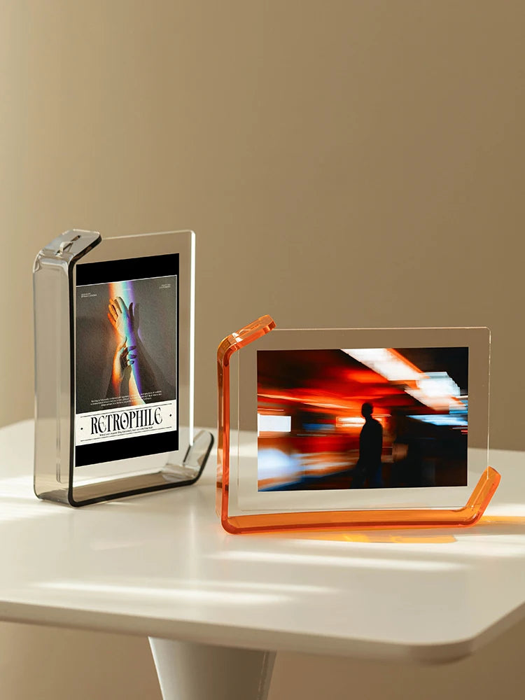 cadres photo transparents modernes rectangles clips latéraux couleurs brillantes or bleu rose minimalistes