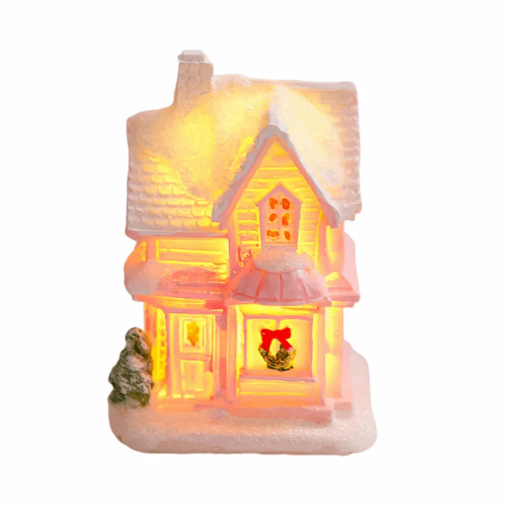 ornement noël miniature maison lumineuse rose brique neige toit fenêtres porte guirlandetoyshop