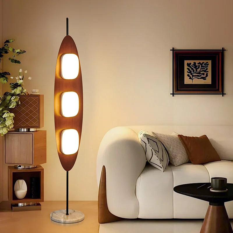lampe sol marron clair contemporaine interrupteur bouton lumière led base circulaire étude salon