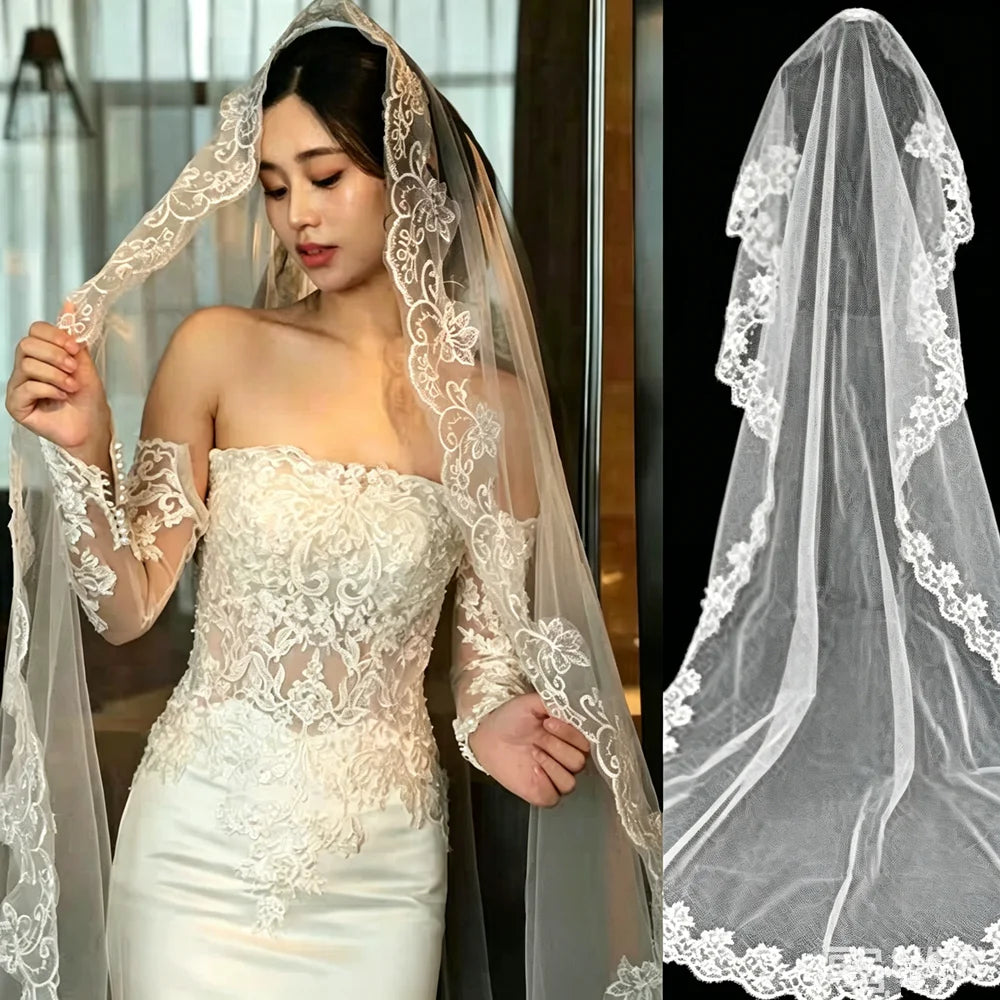voile mariée blanc dentelle florale classique 140cm 280cm