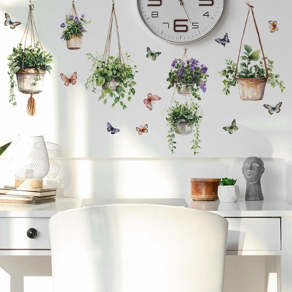 sticker murale plante suspendue papillon feuilles verte violette beige naturel rustique chambre salon