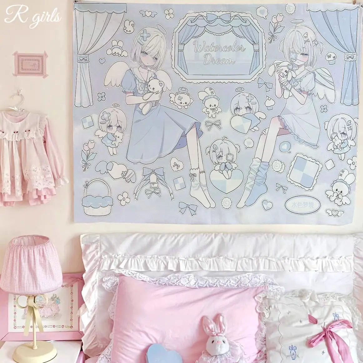 tapisserie ange ours peluche fleurs nuages bleu blanc rose décoration chambre enfant polyester coton