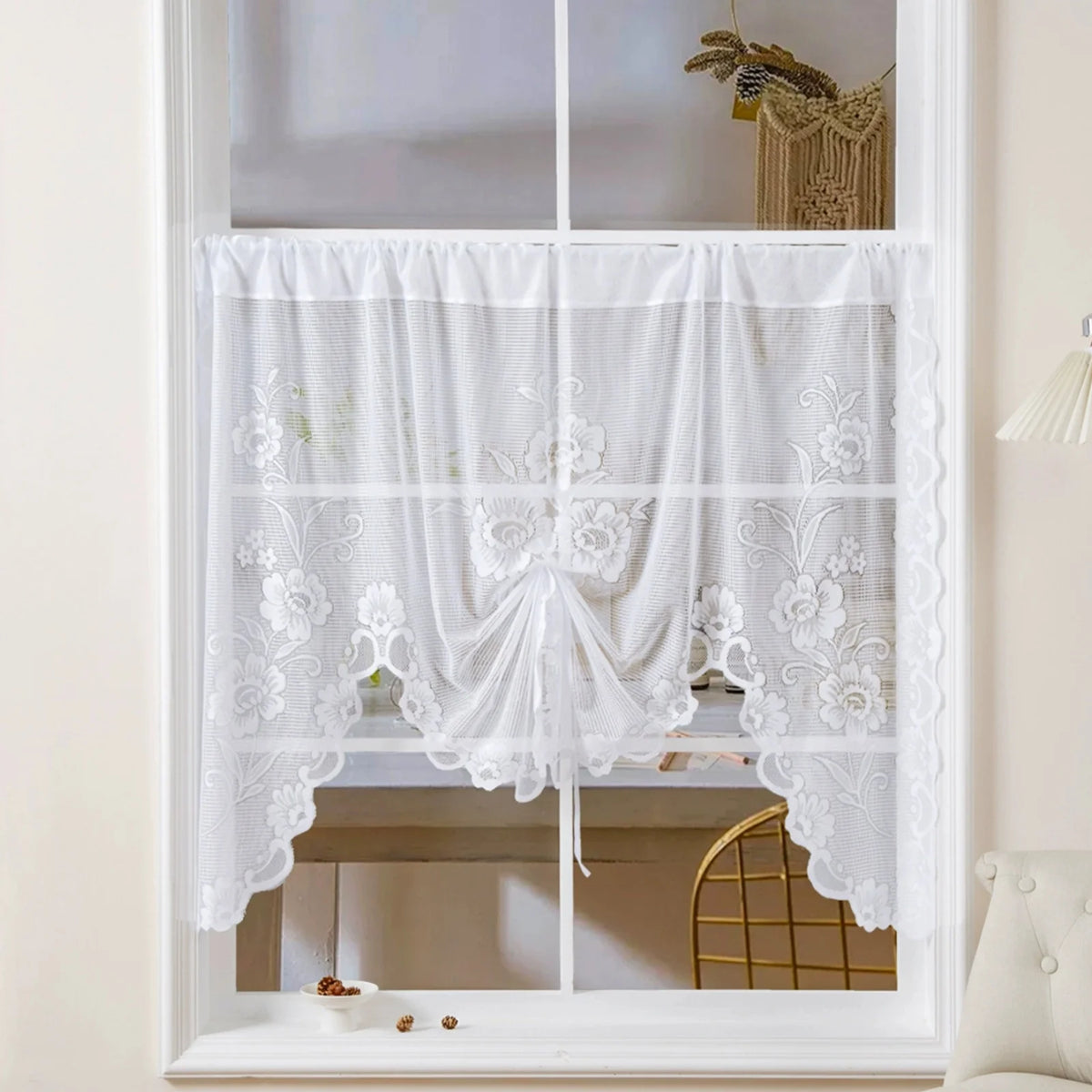 rideau floral transparent polyester blanc dentelle champêtre plissé intérieur extérieur boutiquehôtelcafé