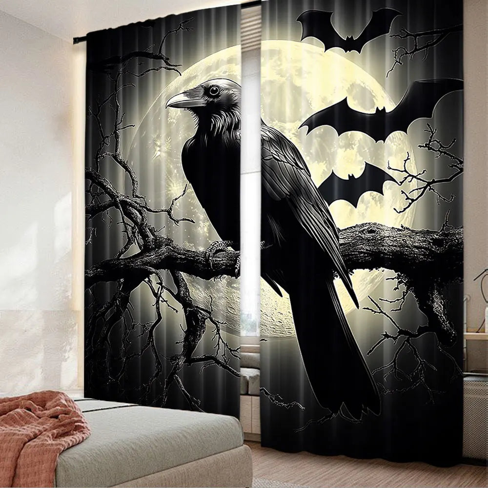 rideau gothique corbeau chauves souris pleine lune branches dénudées polyester opaque halloween décoration salon