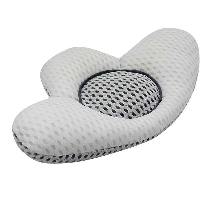 coussin ergonomique gris bleu perforations géométriques contemporain confortable concave massage refroidissement voyage lit