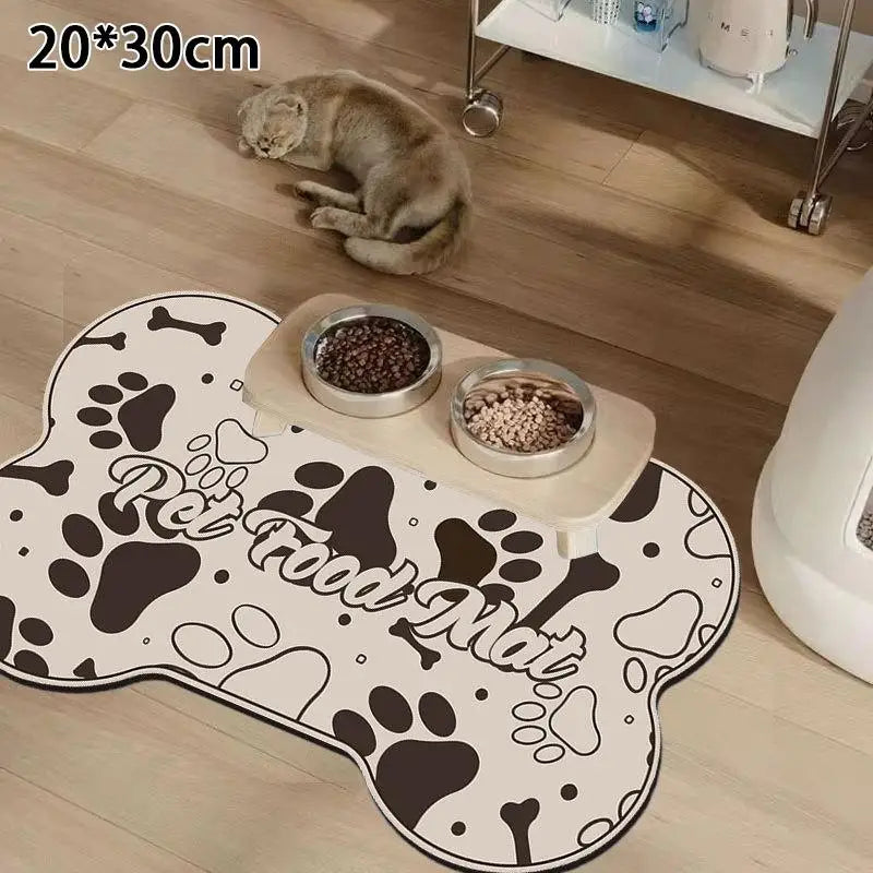 tapis nourrir animal blanc gris motif géométrique moderne anti dérapant deux bols métal
