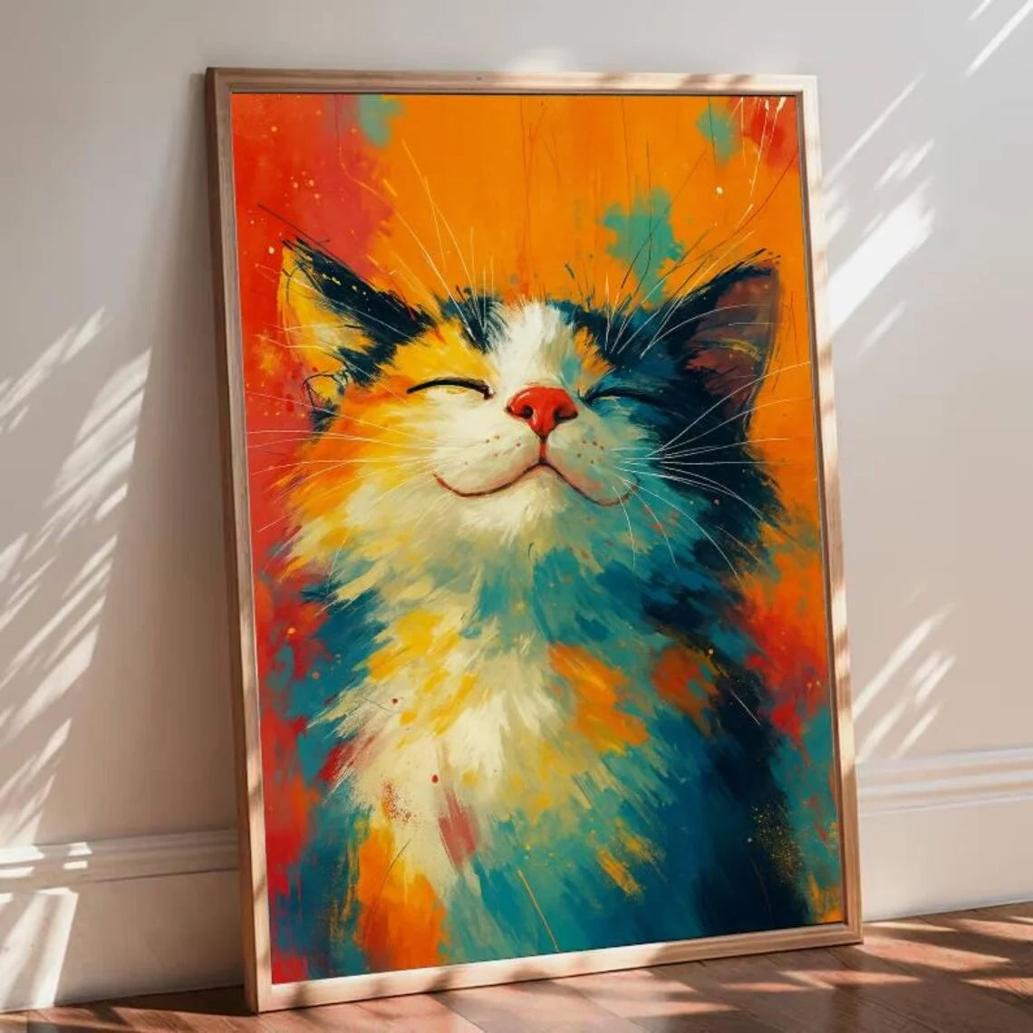 tableau abstrait chat souriant moderne couleur vives orange jaune bleu rouge blanc