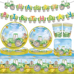 assiettes gobelets serviettes tracteur champ enfants vert bleu anniversaire fête campagne printemps
