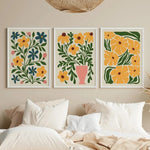 affiches murales modernes fleurs stylisées couleur rose jaune décoration intérieure chambre salon enfants