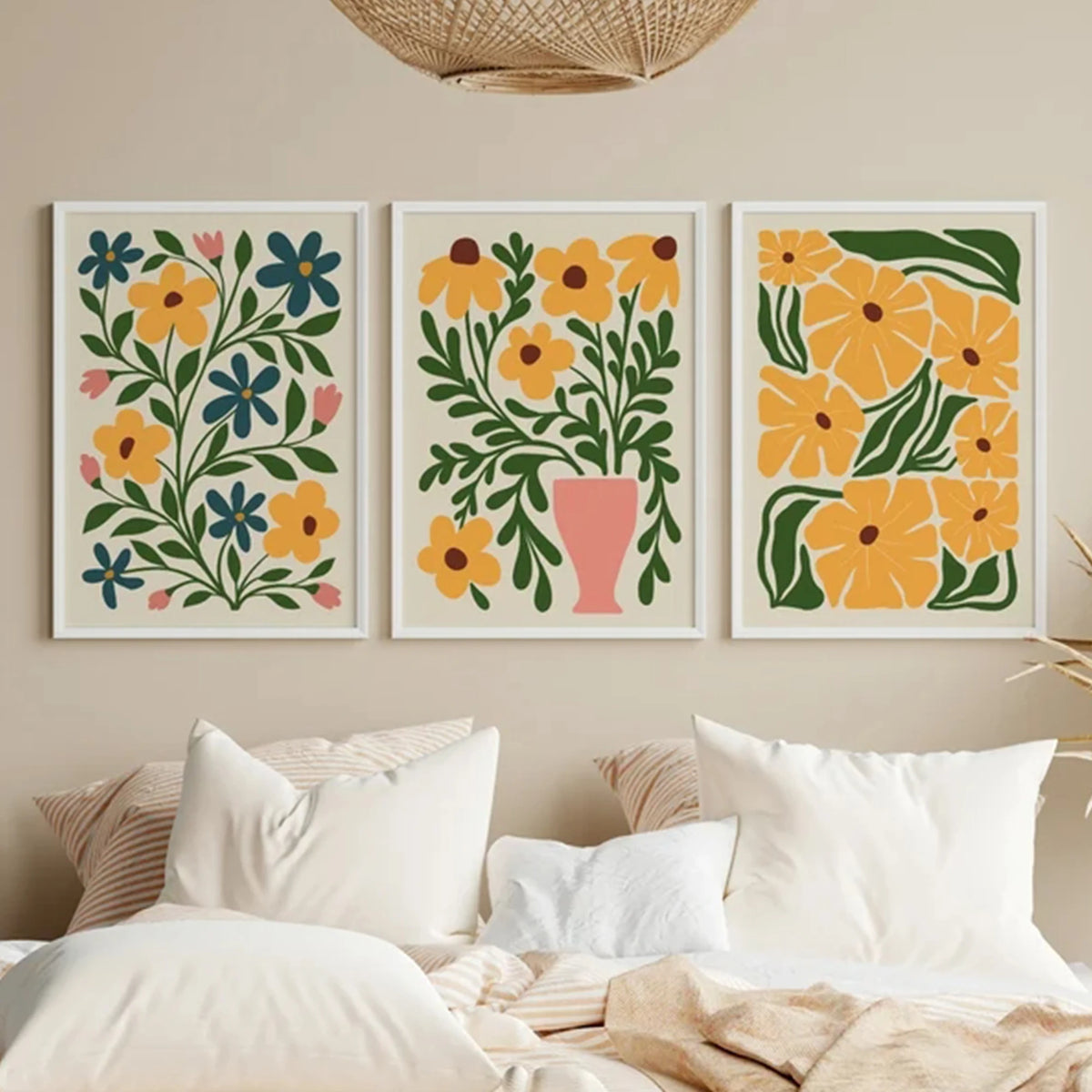 affiches murales modernes fleurs stylisées couleur rose jaune décoration intérieure chambre salon enfants