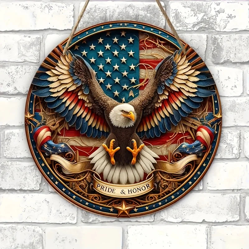 décoration murale plaque bois aigle drapeau américain bleu blanc rouge porte porche