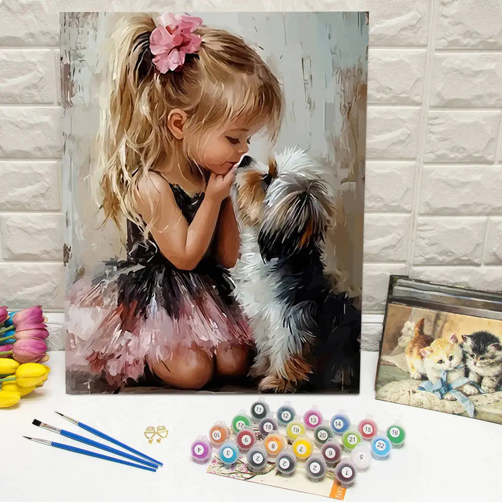 toile peinte petite fille chien pinceaux peintures artistique decoration maison craft fournitures