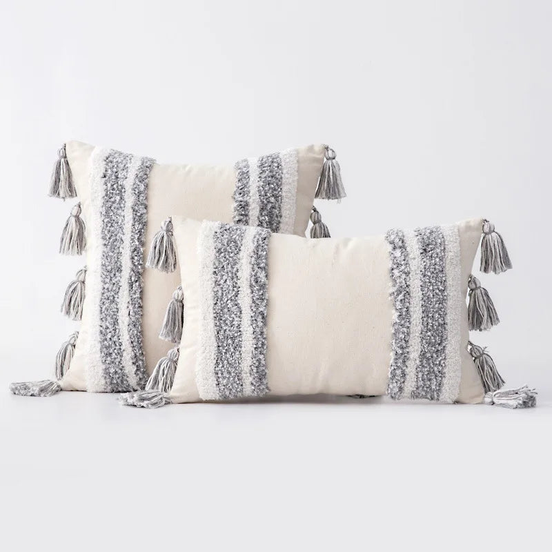 coussin géométrique moderne polyester gris beige amovible lavable contemporain decoration interieur tufter boheme