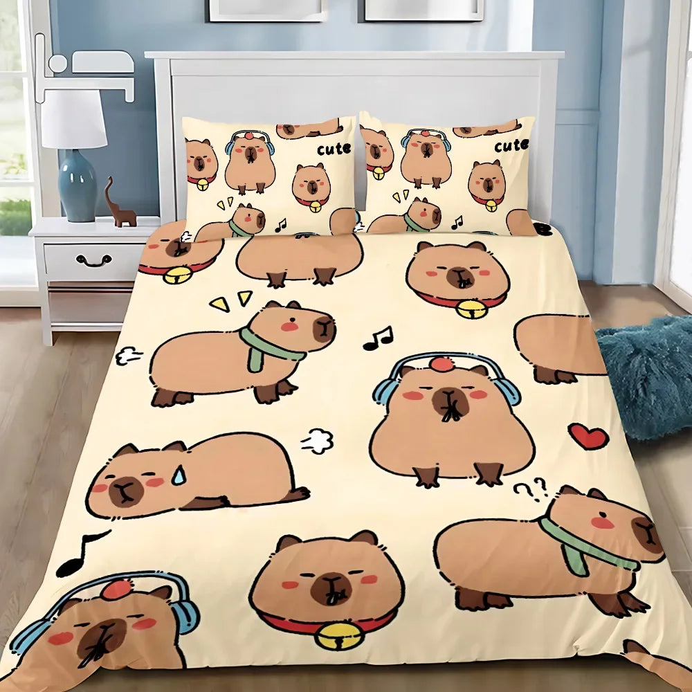 Détail du motif Capybara marron sur la housse de couette