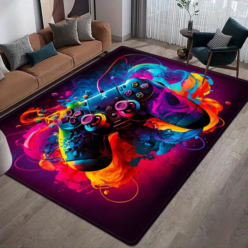 tapis jeu chambre garçon motif manette gamer flammes bleu violet décoratif antidérapant lavable