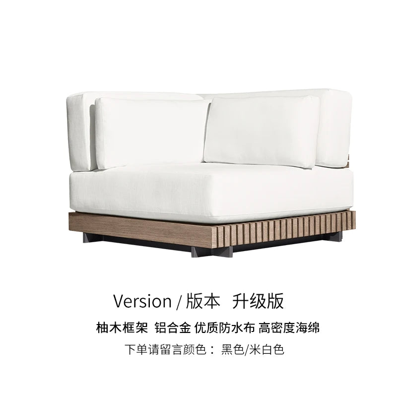 canapé extérieur modulable gris foncé tissu bois naturel coussins pieds noirs moderne minimaliste