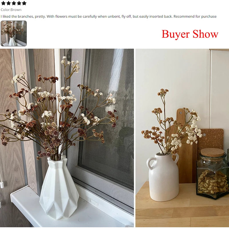 bouquet artificiel fleurs roses blanches marrons rouges petite fleurs rondes naturel minimaliste decoration maison