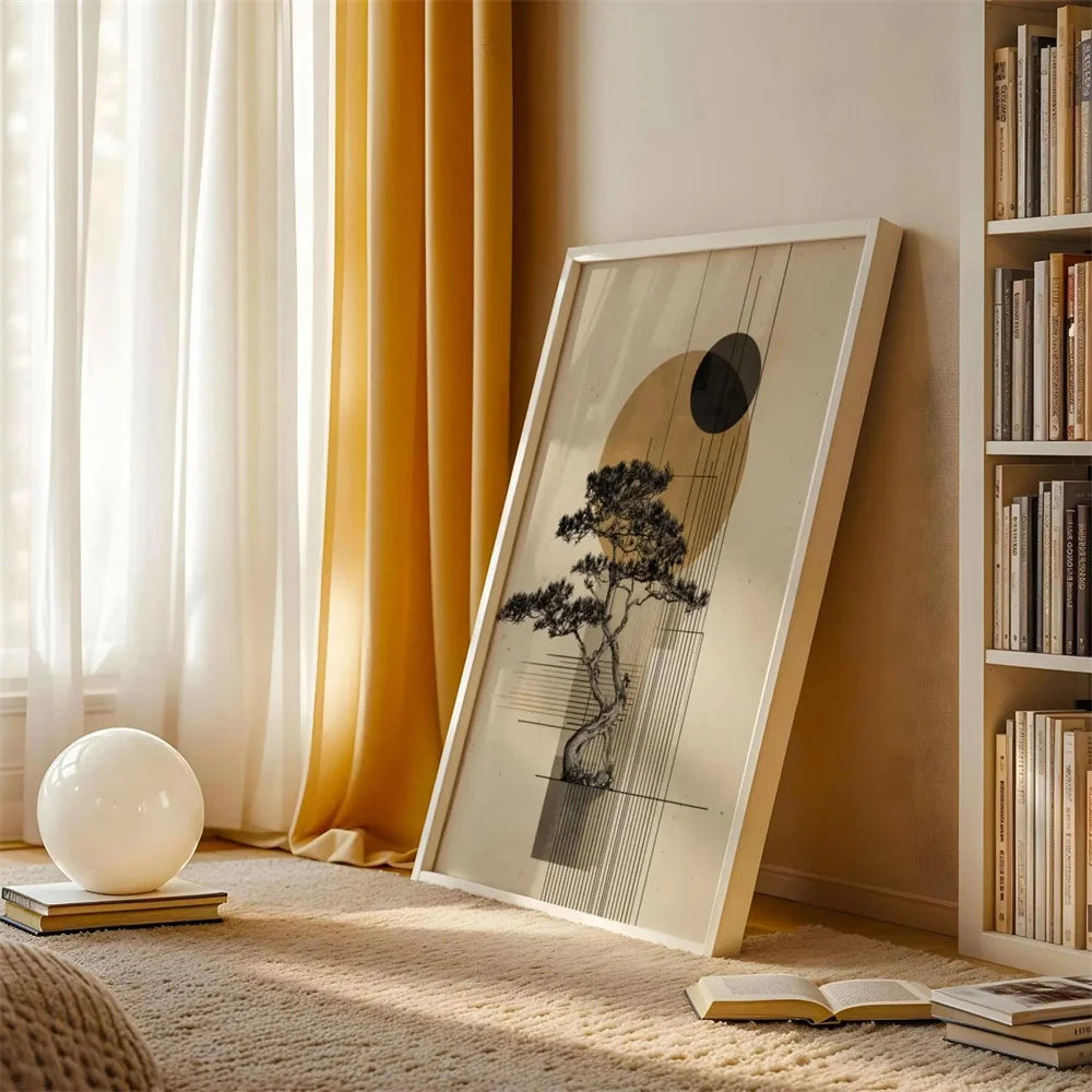 cadre art moderne minimaliste toile abstraite arbre stylisé cercle noir lignes verticales 60x80cm 45x60cm