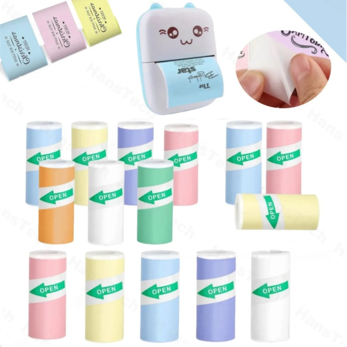 rouleaux papier thermique coloré imprimante portable feuilles imprimées motifs variés autocollants open différentes couleurs