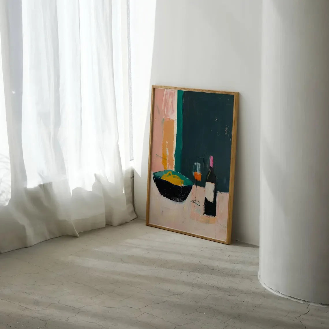tableau abstrait contemporain couleur noir vert orange rose beige blanc fixé cadre bois chambre
