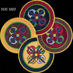 broderies tibétaines motifs fleurs table carrée coton polyester artisanal rouge bleu vert jaune marron