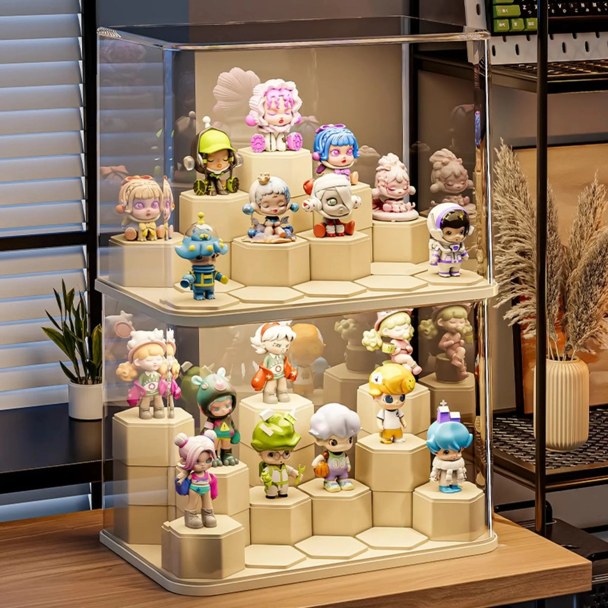 présentoir transparent modulaire solo salon respectueux environnement moderne cartoon figurines colorées hexagonal