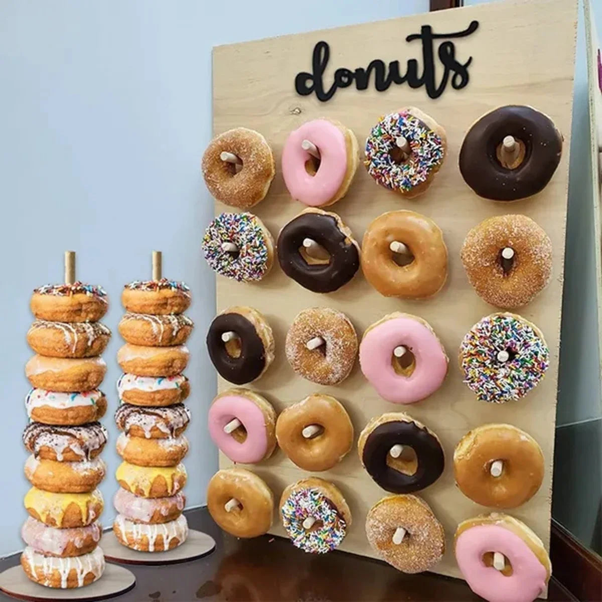 porte donuts mural bois naturel fête anniversaire mariage baptême simple moderne