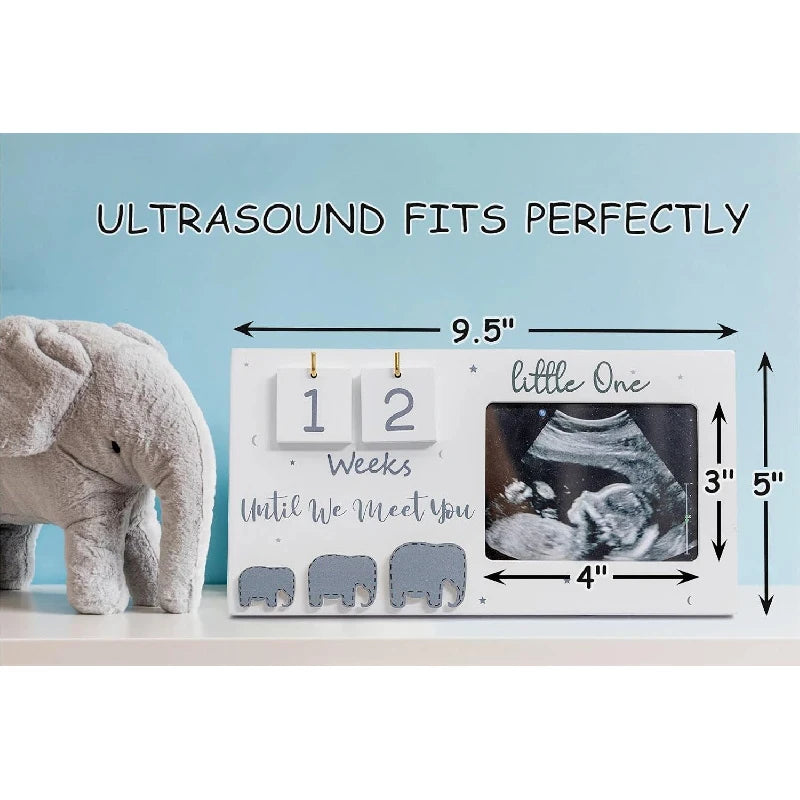 cadre photo moderne échographie chiffres éléphants blanc grisannonce grossesse baby shower