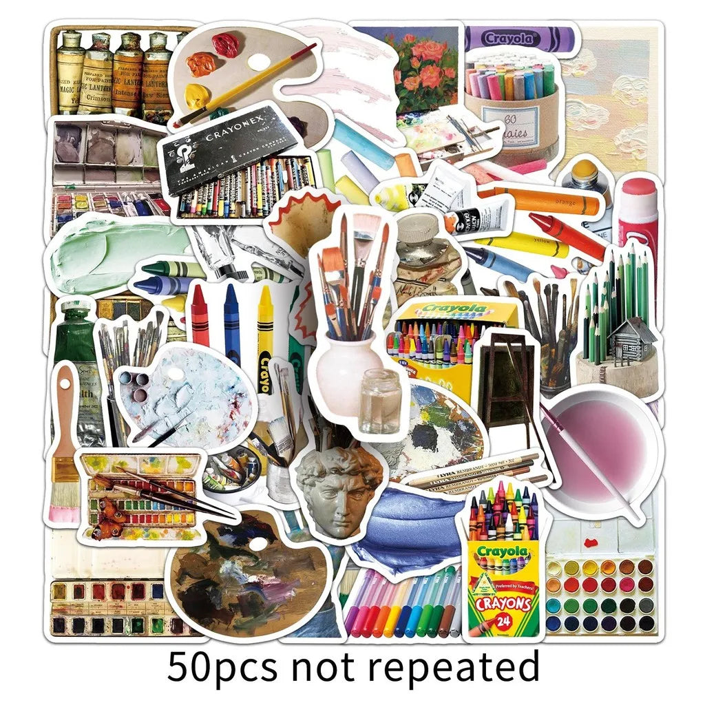 sticker artistique multicolore pinceau peinture palette toile 50 pièces