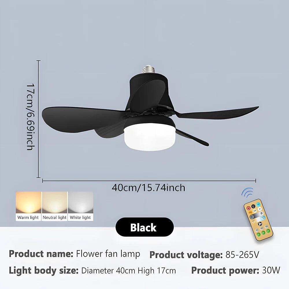 ventilateur lampe intégrée noir blanc moderne minimaliste télécommande inclusion lumière pales abs