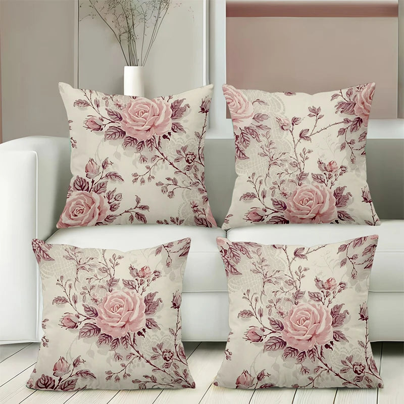 housses coussin imprimé floral vintage beige fleurs roses vertes decoratifs maison lit canape 45x45cm