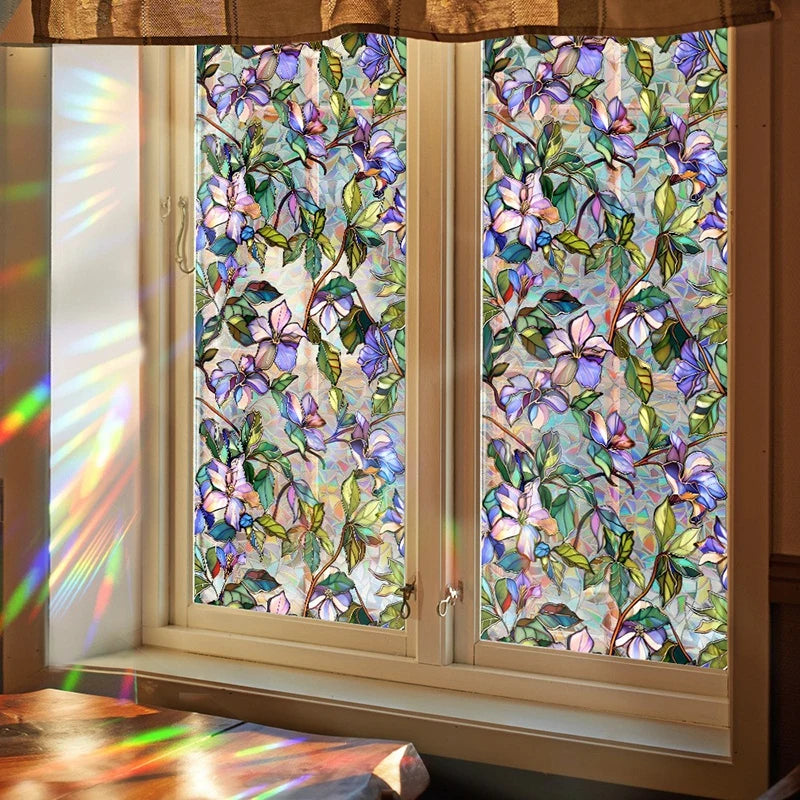 film vitrail fleurs papillons adhésif multicolore décoratif fenêtre opacité artiste
