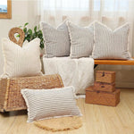 coussin carré rayures horizontales coton polyester décoration canapé rustique fixations couleur beige noir