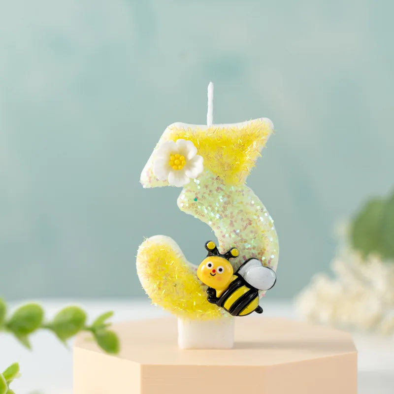 bougies forme chiffres jaune blanc noir fleurs abeilles décoratives enfants sucrerie couteau sucre boîte