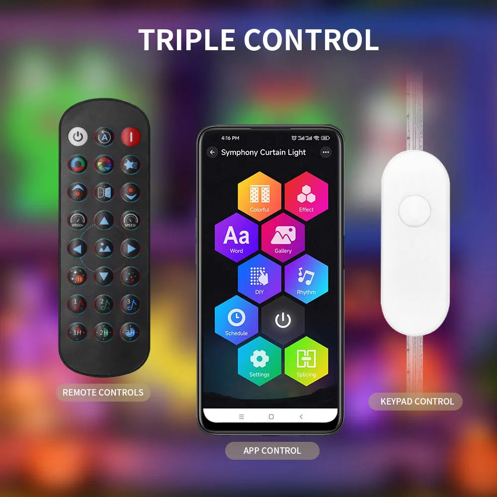 rideau lumineux led multicolore moderne télécommande application bluetooth 200cm 196cm