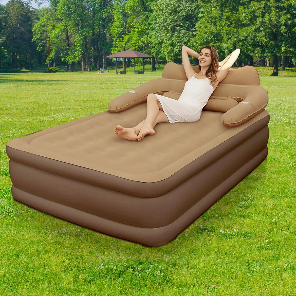 lit gonflable marron clair coussins tapis imperméables moderne confortable camping intérieur extérieur